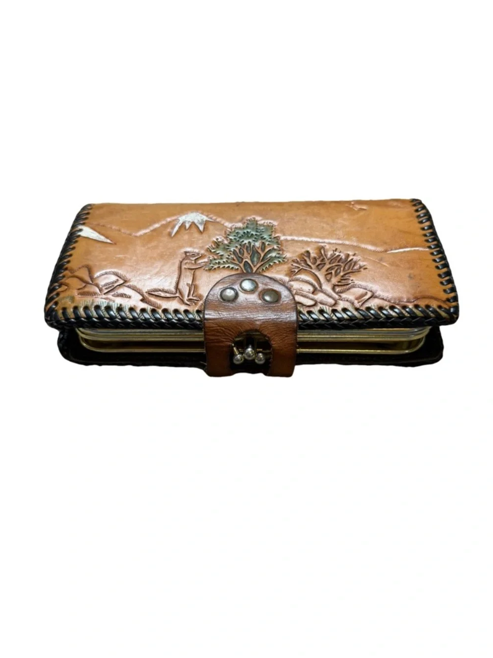 Vintage Hand Tooled Leather Wallet Western Deer Scene Snap Closure Brown